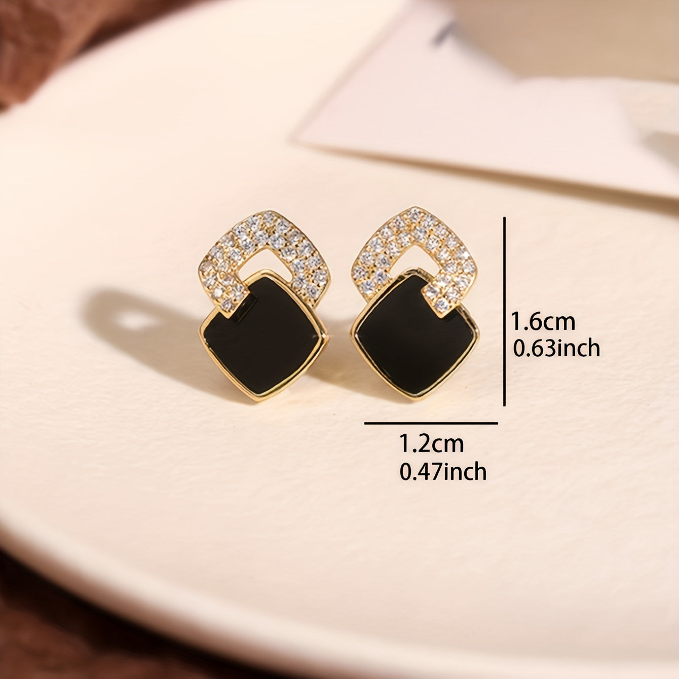 Women Black Square Stud Earrings Micro Pave Zinc Alloy Glass Accents