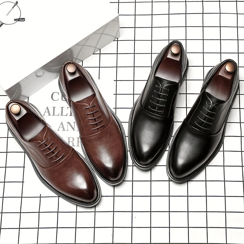 Men's Retro Pointed Toe Business Casual Leather Derby Shoes Black Brown Non-Slip Wear-Resistant