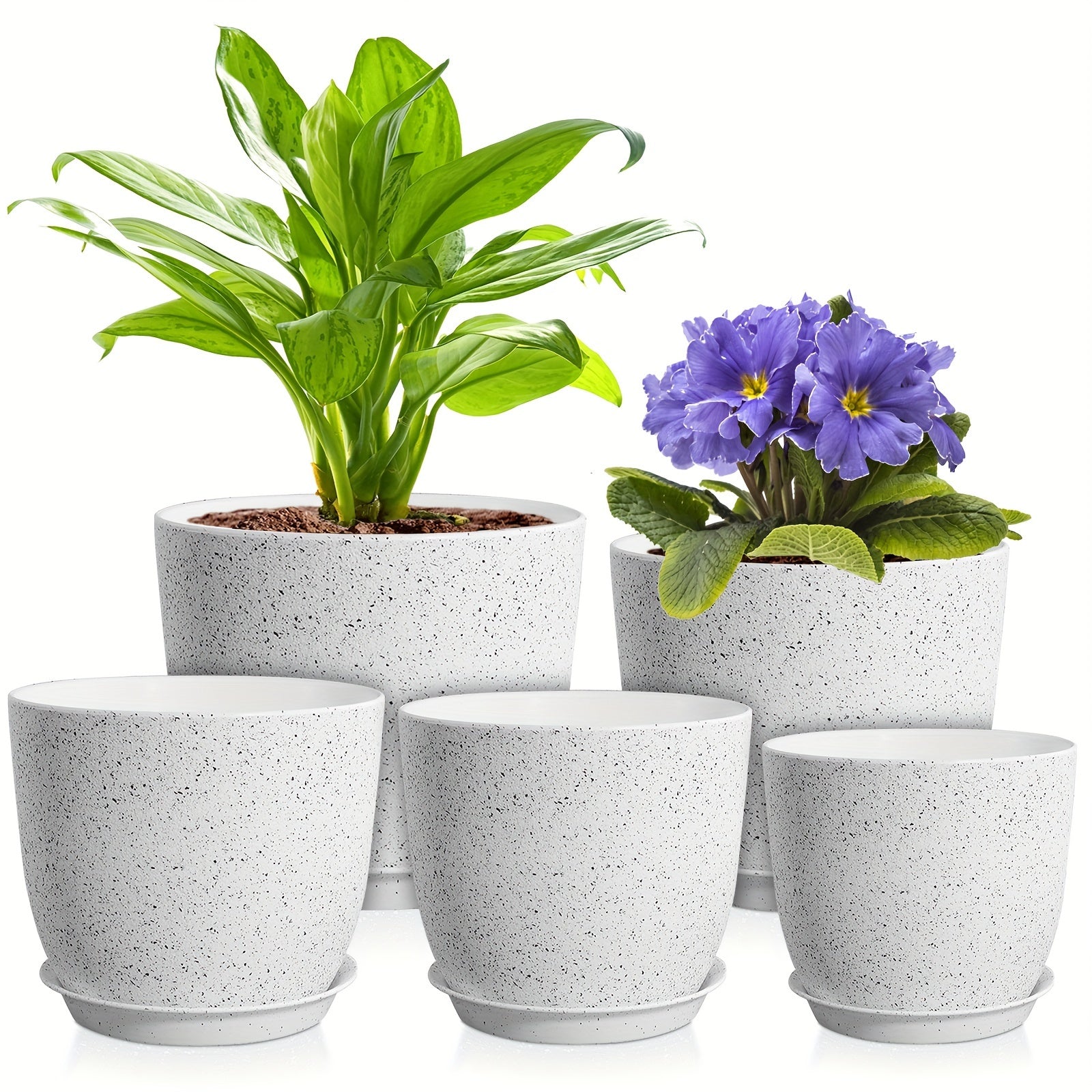 Set of 5 Self-Watering Plastic Planters with Drainage Holes for Indoor Outdoor Succulents and Houseplants