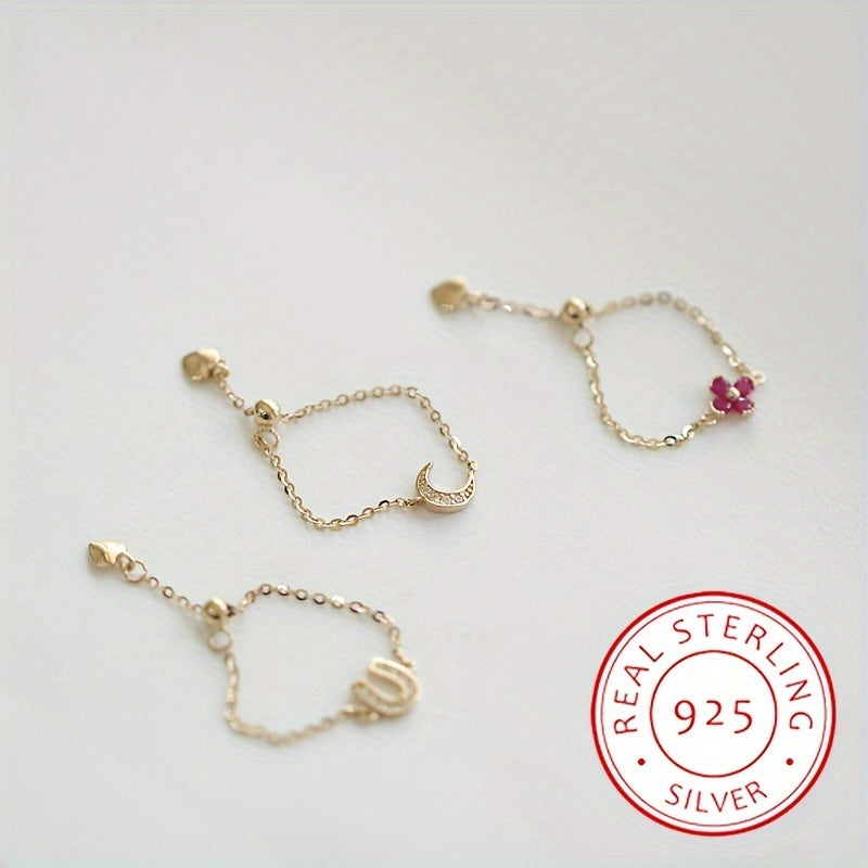 Adjustable Silver Ring for Women with Moon and Flower Charms