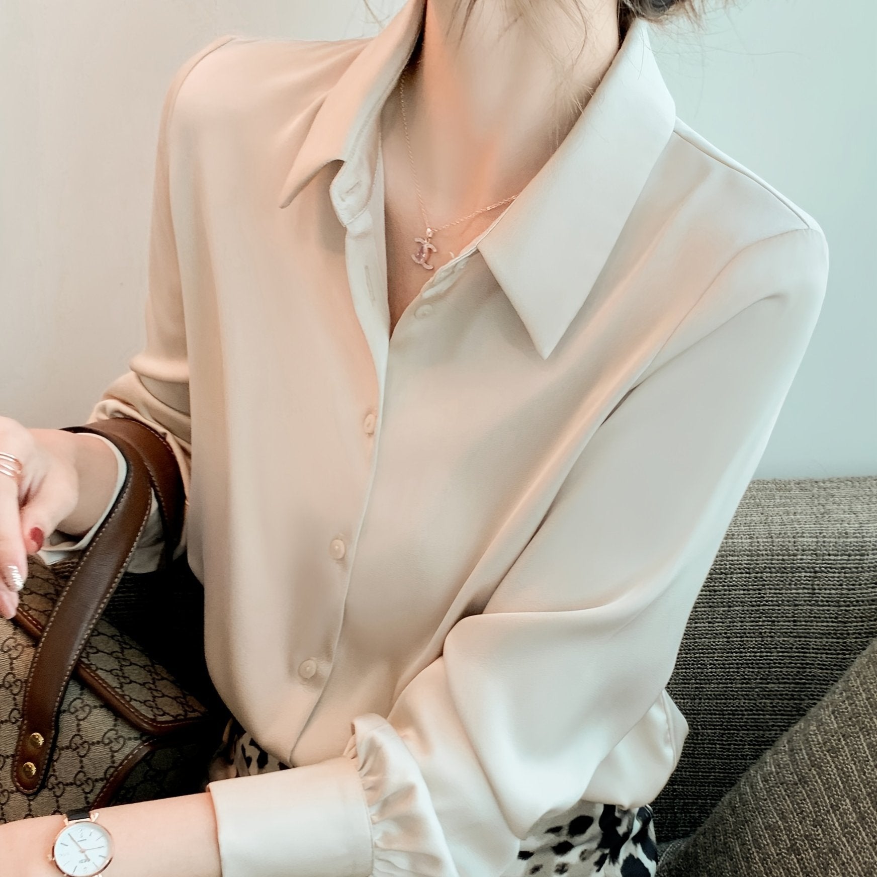 Women's Solid Color Long Sleeve Blouse Made of 100% Polyester with Lapel Collar and Button Details