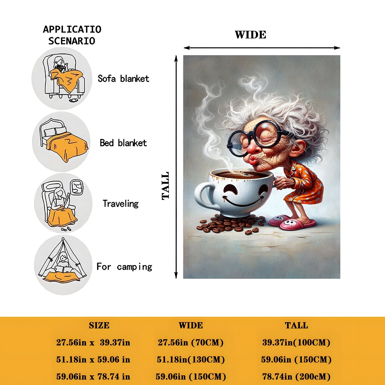 Cozy Flannel Blanket with Coffee Print Lightweight All-Season Knit Throw for Living Room Bed Decor