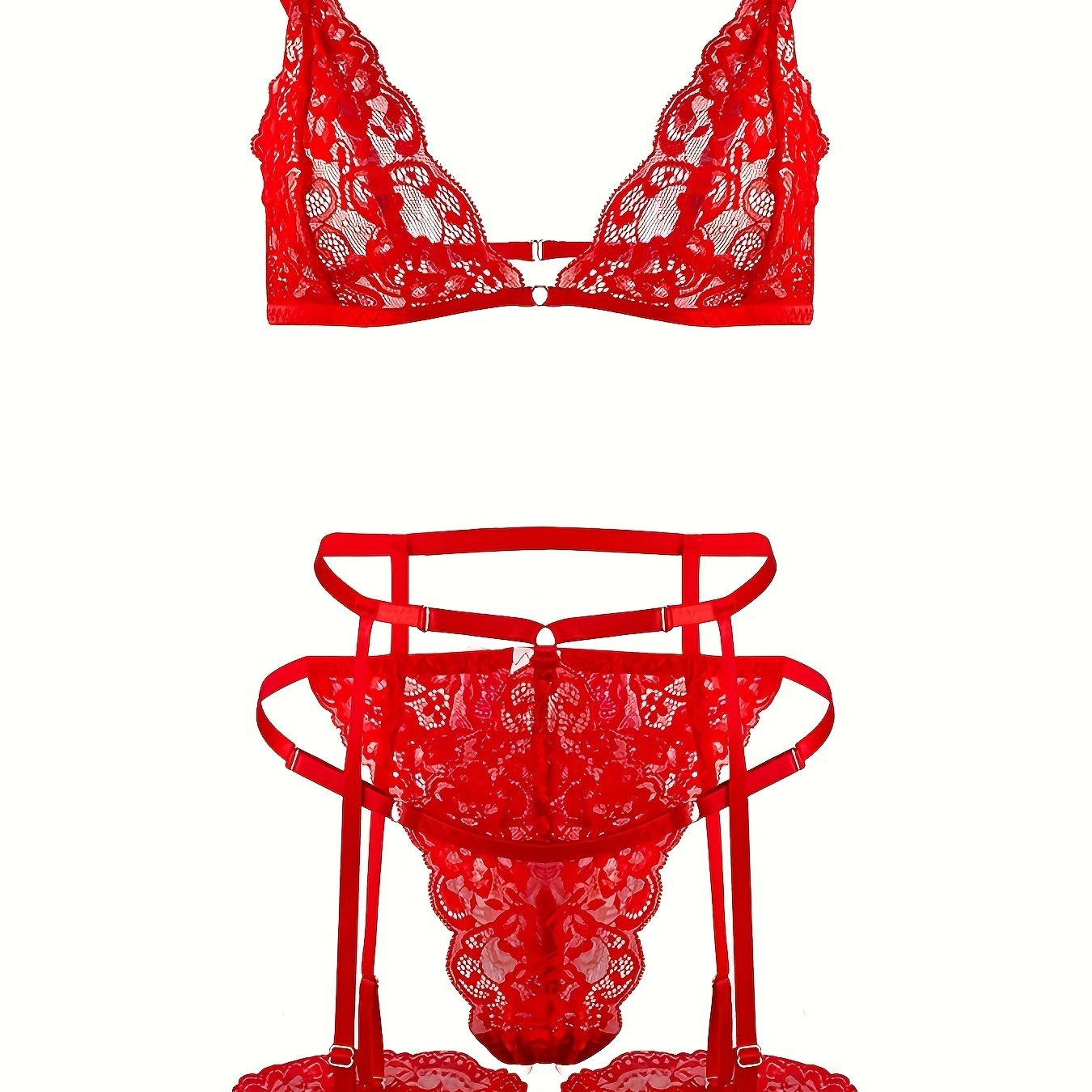 Sexy Lingerie Set with Lace Triangle Cup Bra, Panties, Suspender Socks, and Seduction Ring