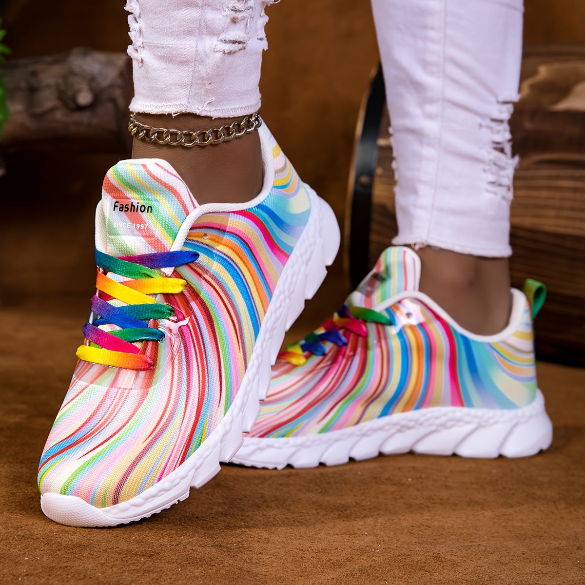 Women's Casual Sneakers Low Top Breathable Fabric Rainbow Stripes Lightweight Shoes