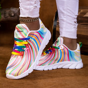 Women's Casual Sneakers Low Top Breathable Fabric Rainbow Stripes Lightweight Shoes