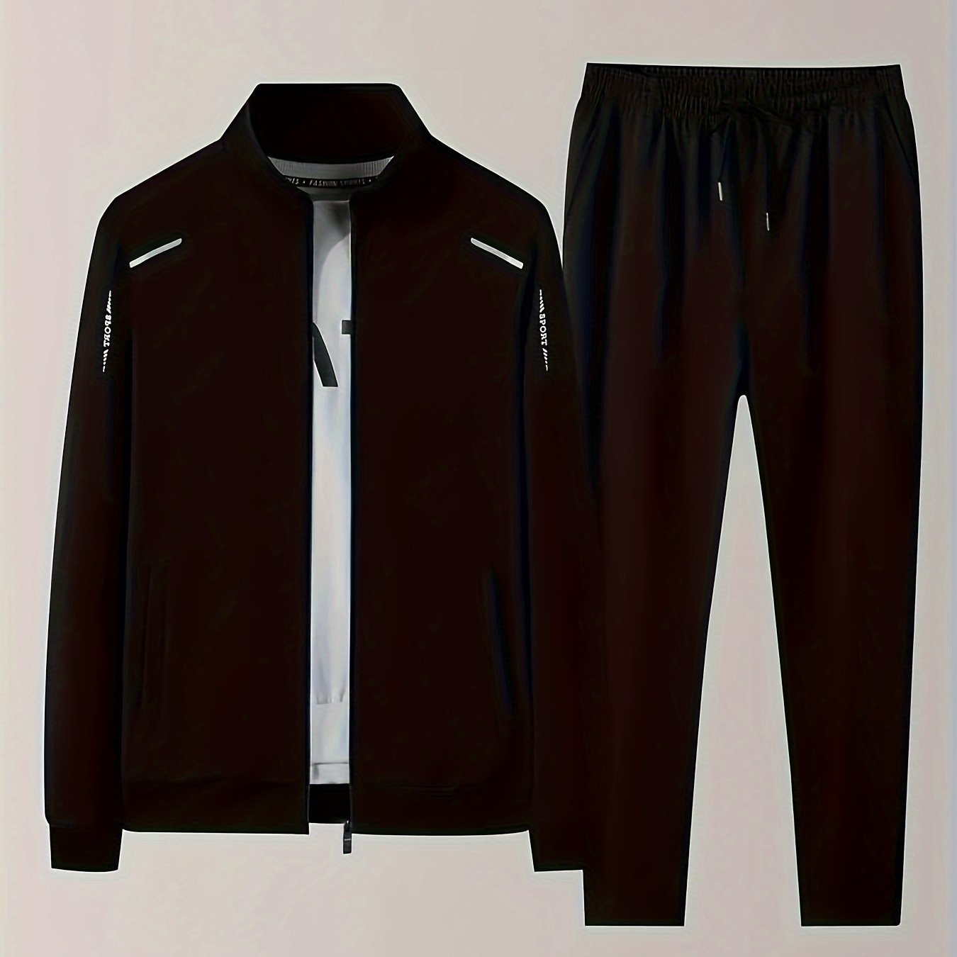 Men's Casual 2-Piece Outfit Fall Winter Solid Color Zip Jacket Drawstring Pants