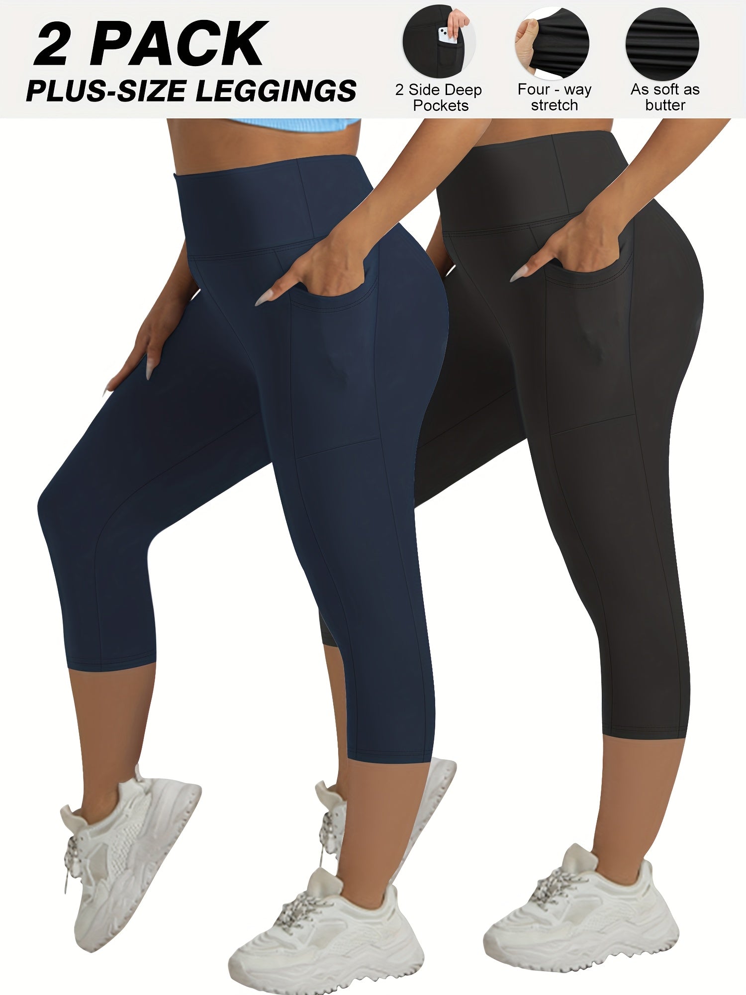 Plus Size 2-Pack High-Waisted Pocket Pants Beige Fitness Outdoor Comfortable