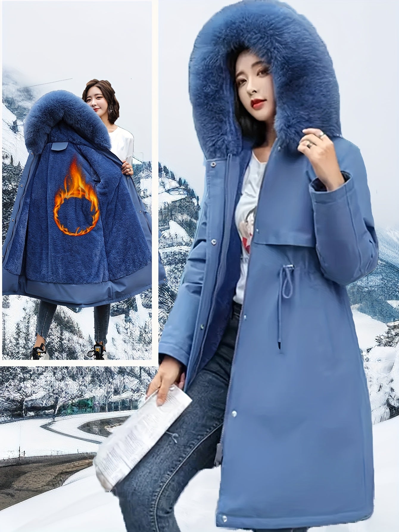 Women's Hooded Winter Coat with Removable Faux Fur Collar Water-Resistant Fleece Lining