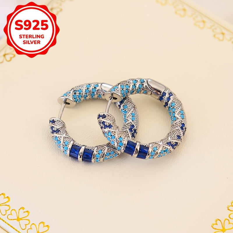 Sterling Silver Tribal Style Hoop Earrings with Blue Cubic Zirconia for Women