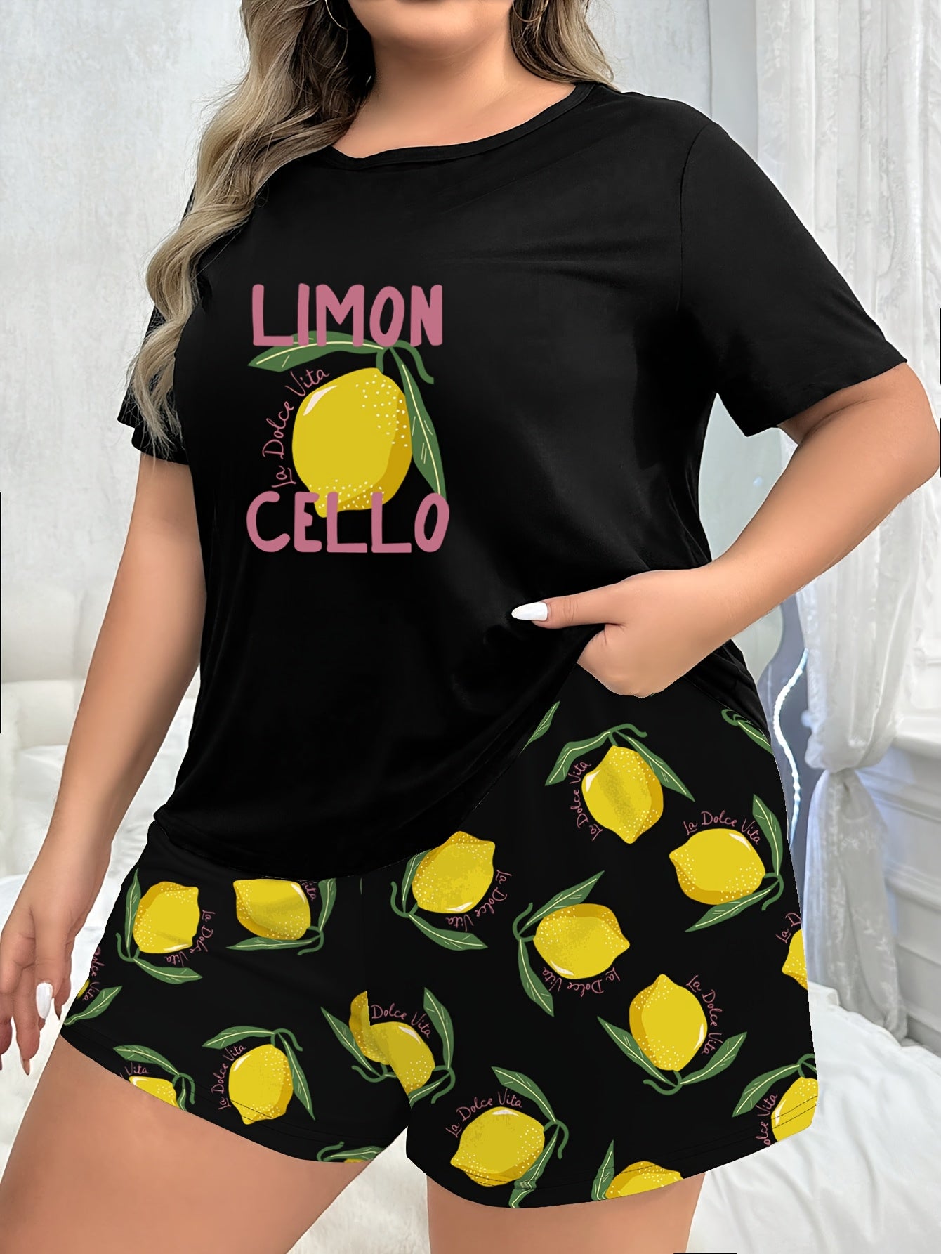 Women Plus Size Pajama Set Black Lemon Cartoon Short Sleeve Sleepwear