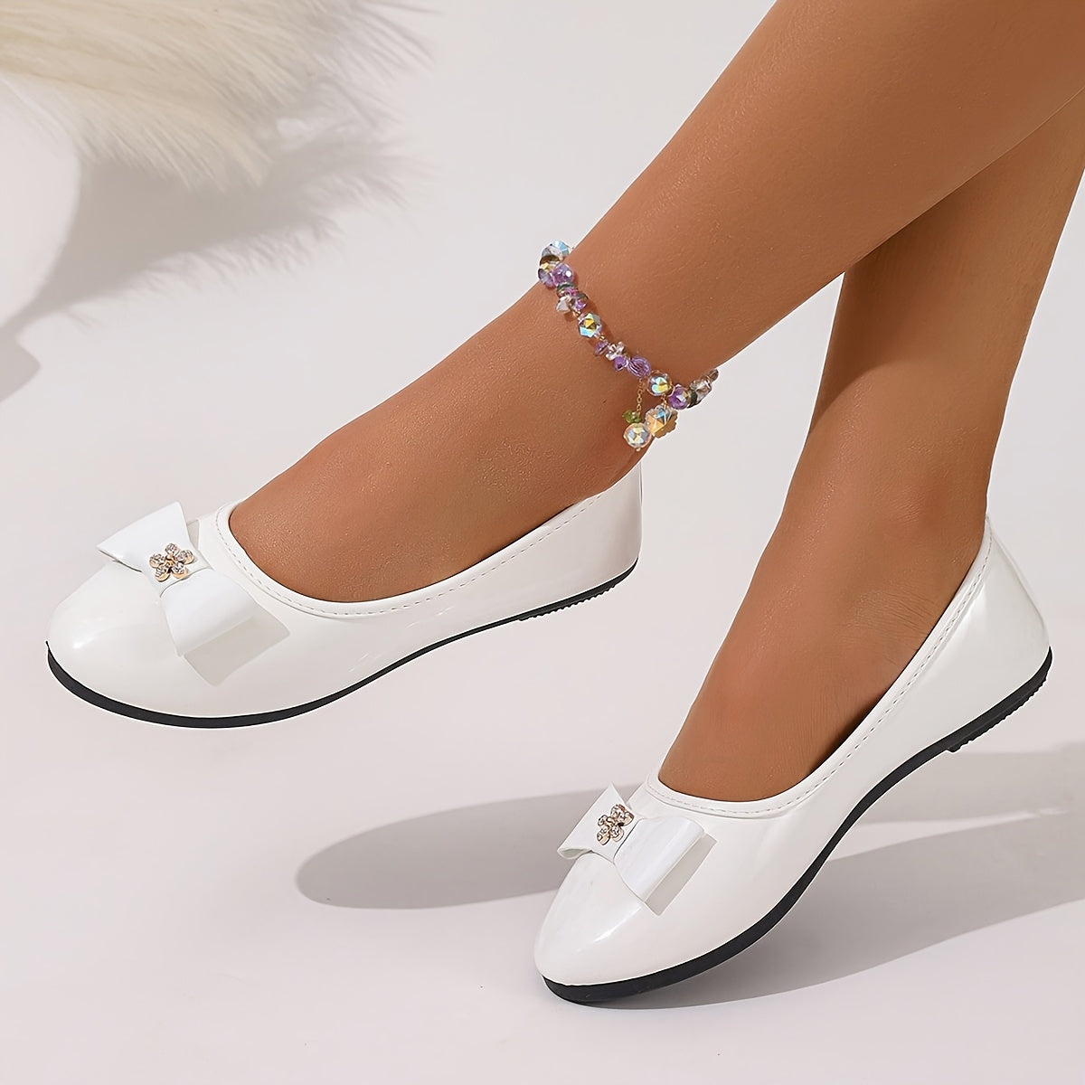Women’s Mary Jane Flats Rhinestone Bow Soft PU Insole Slip-On Shoes