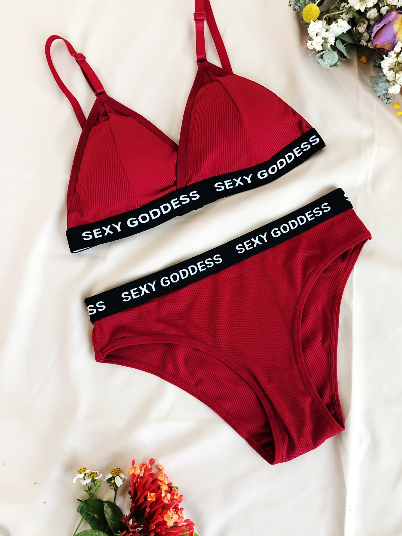 Women's Lingerie Set with Letter Print Wireless Bra and Elastic Panties Three-Piece