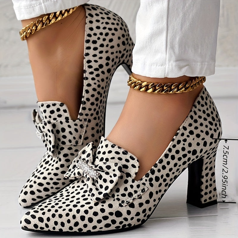 Women's Cheetah Print Pumps Rhinestone Bow Slip-On Pointed Toe Chunky Heels