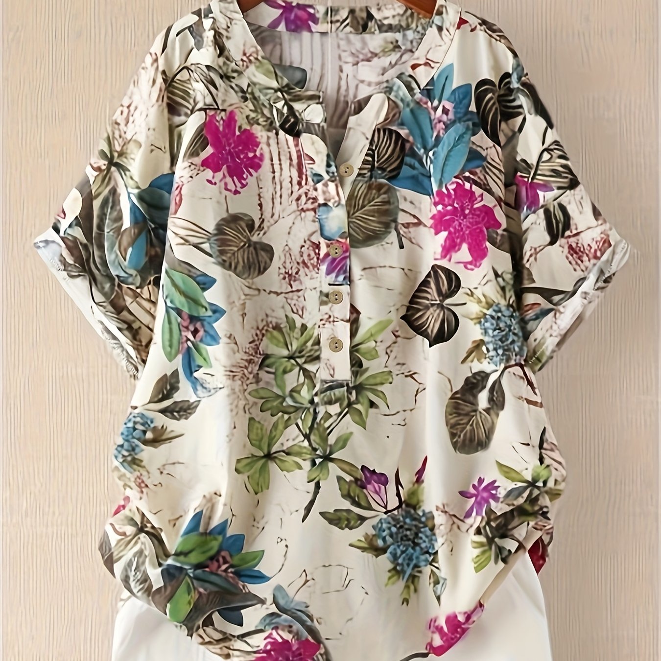 Plus Size Women's Cotton Long Sleeve Floral Blouse Casual Button-Up Shirt