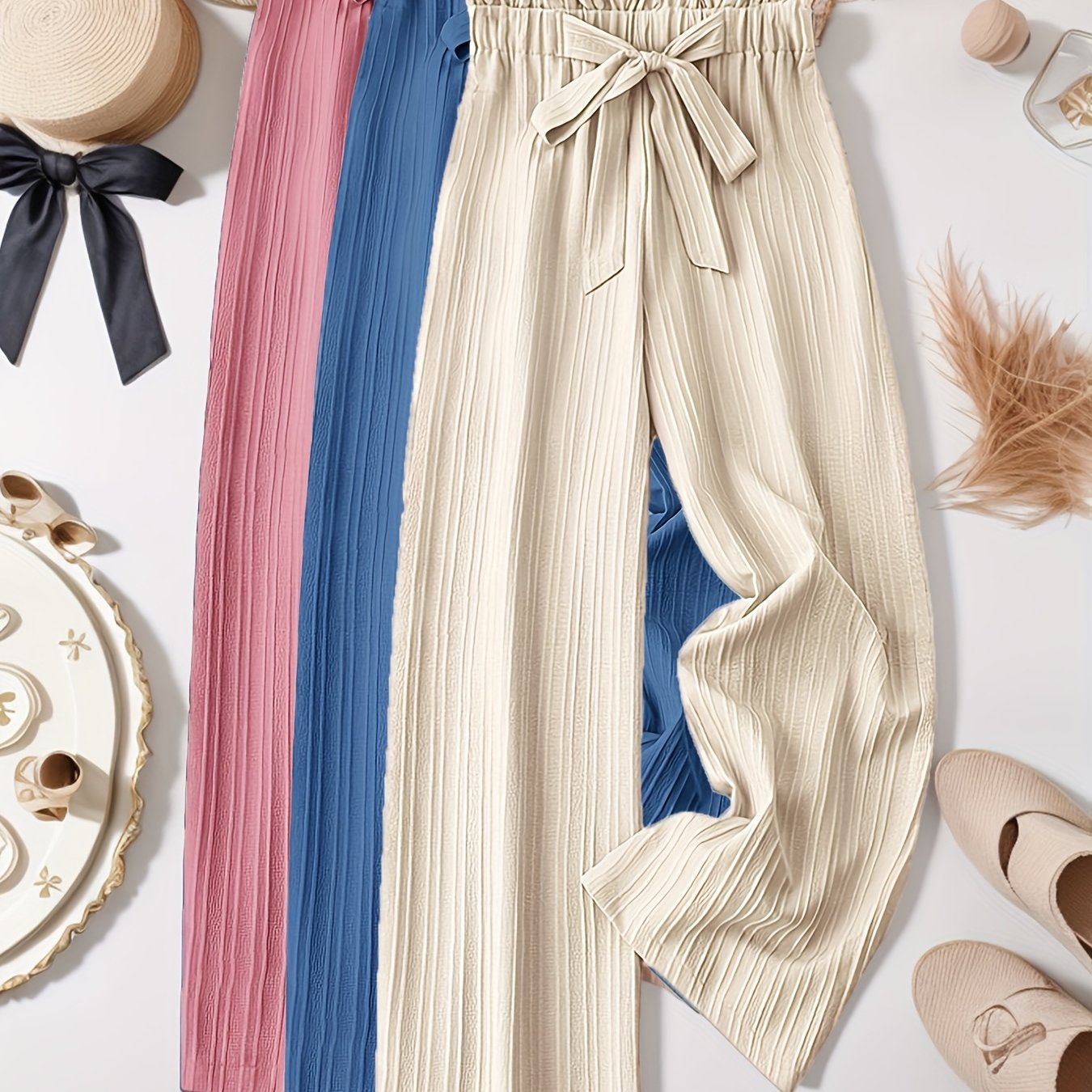 Plus Size Women's Wide-Leg Pants 3-Pack Non-Stretch Black Pink Beige Formal Casual