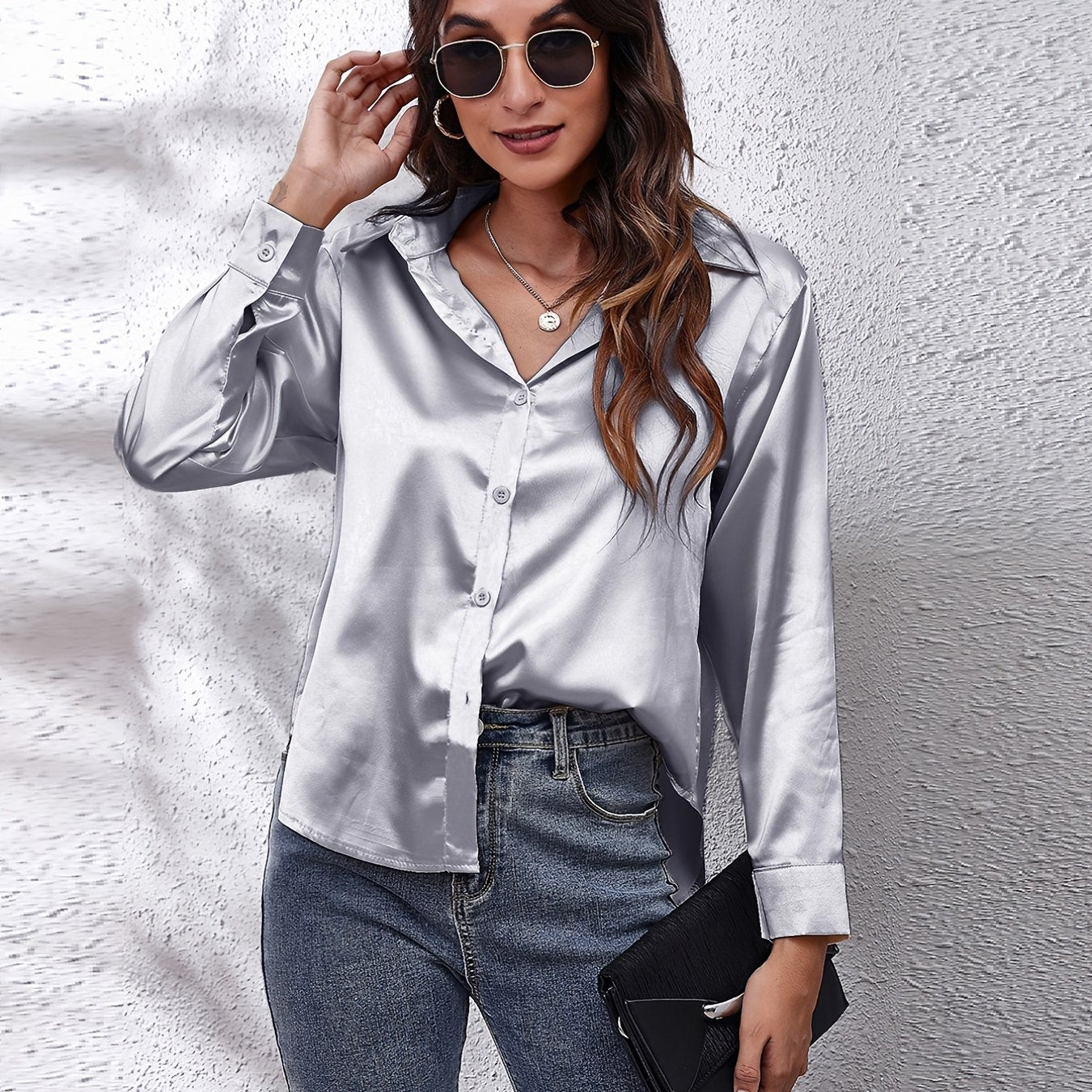 Women's Satin Shirt Long Sleeve Solid Color Lapel Collar Regular Length Single Breasted Elegant Polyester