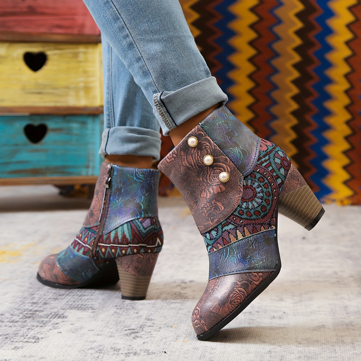 Women Bohemian Ankle Boots Fabric Insole Block Heel with Floral Patterns
