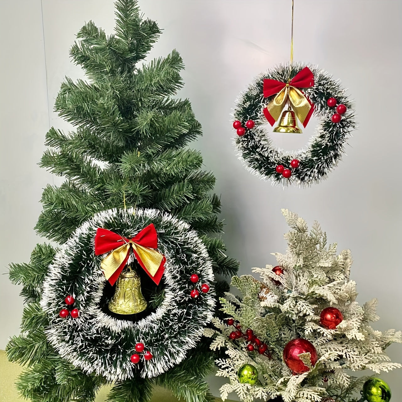 20/30cm Christmas Garland Dark Green White Edge Bells Red Fruit Bow