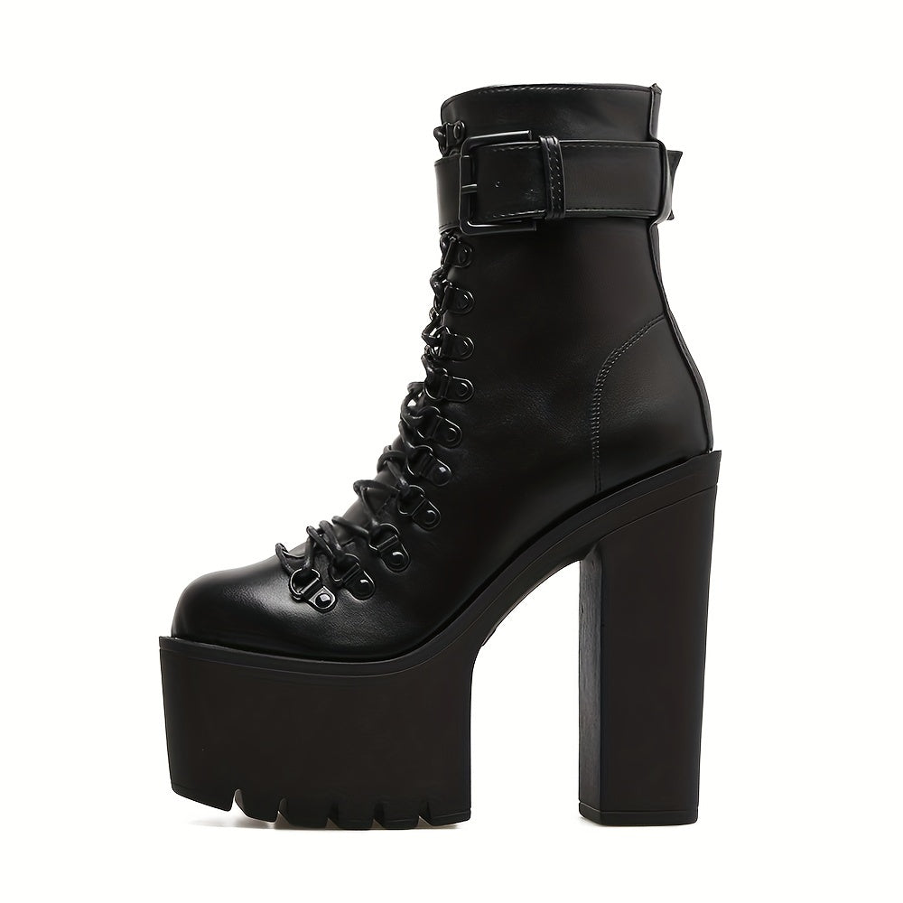 Women's Platform Chunky High Heel Ankle Boots Black Buckle Lace Up Motorcycle Shoes