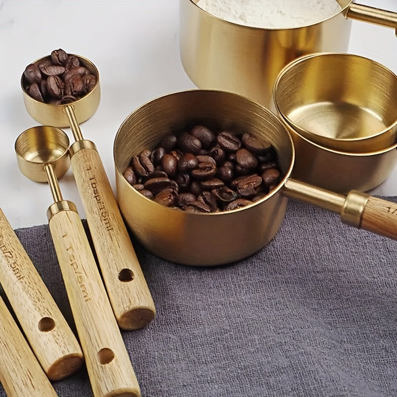 Set of 4 Stainless Steel Measuring Cups and Spoons with Wood Handles