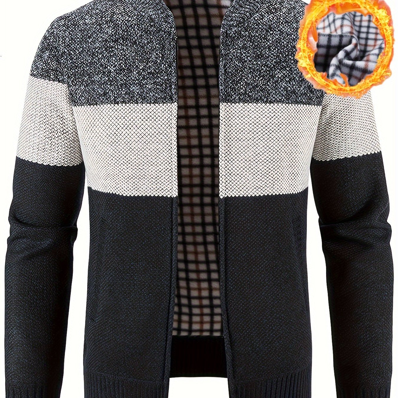 Men's High Neck Fleece Jacket with Color Block Knit Zip-Up Outerwear for Fall Winter