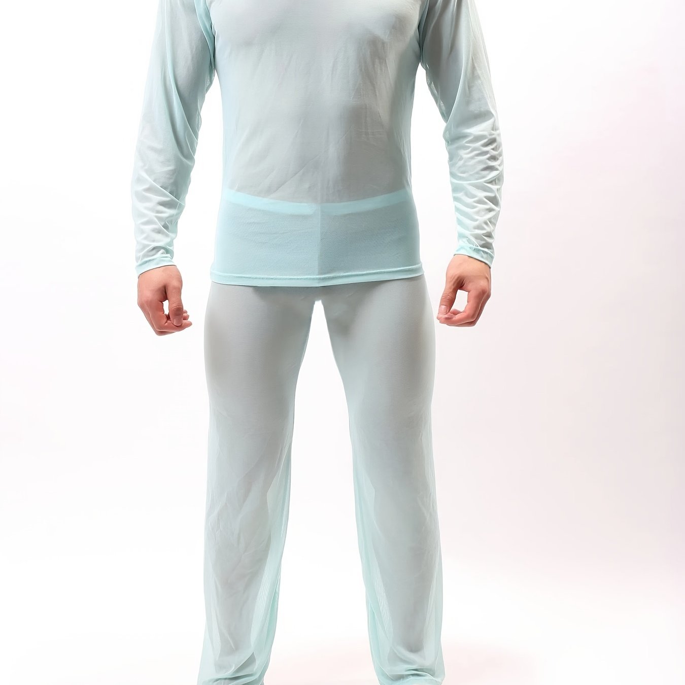 Conjunto de ropa de descanso de manga larga y tela transparente para hombre, de color sólido, poliéster y spandex