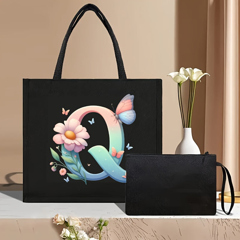 Set of 2 Floral Letter Print Canvas Tote Bags Large Handbag with Clutch Pouch