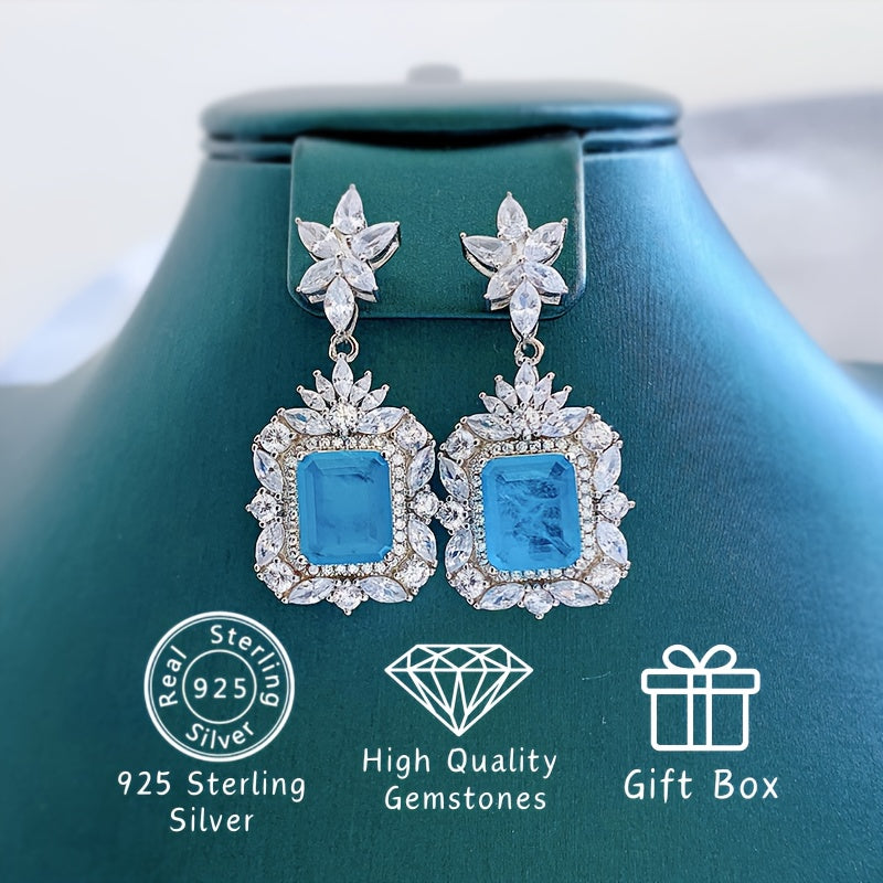 Sterling Silver Drop Earrings with Synthetic Paraiba Stone and Mosaic for Daily Wear and Weddings