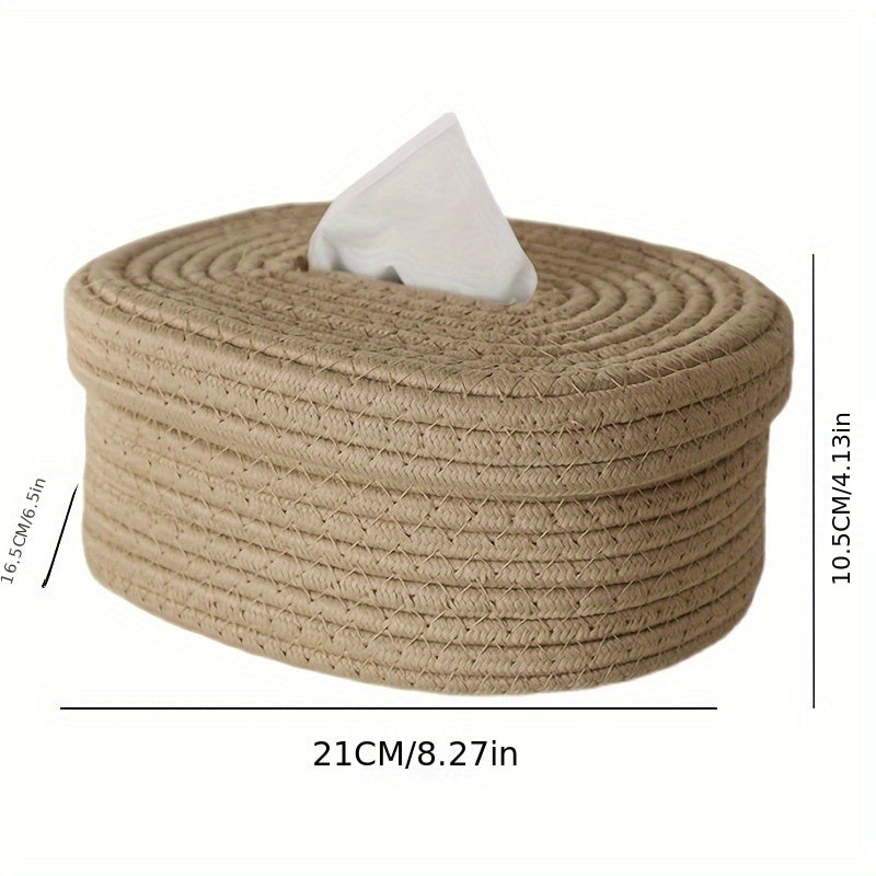 Beige Rope-Woven Tissue Box with Decorative Bow for Home Car or Office Use