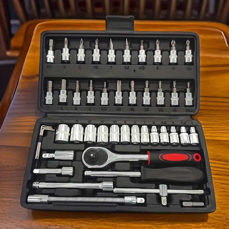 Juego de llaves de carraca de acero cromo-vanadio de 46 piezas con extensión telescópica y caja de almacenamiento