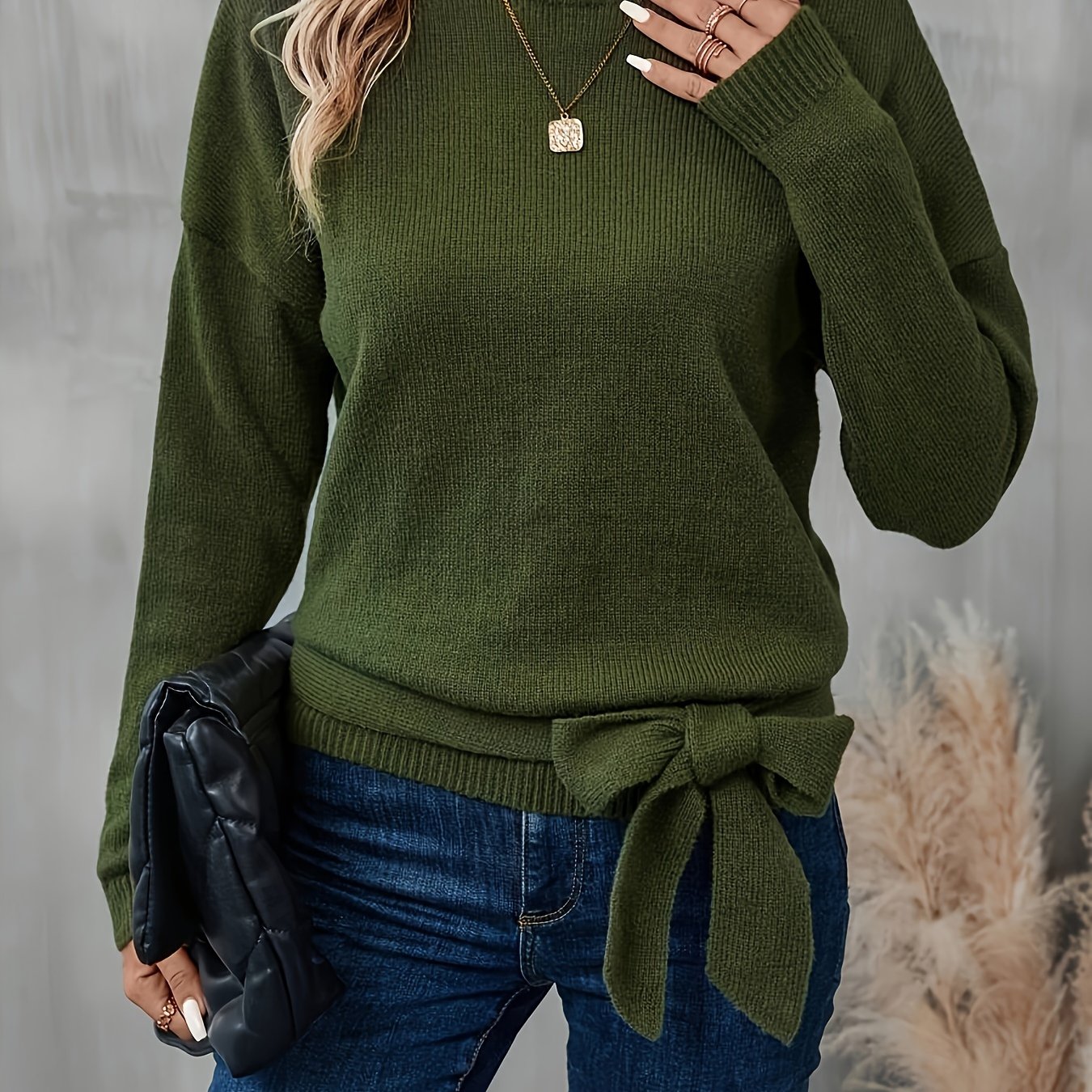 Plus-Size Women's Olive Green Ribbed Sweater Long Sleeve Pullover Casual Formal