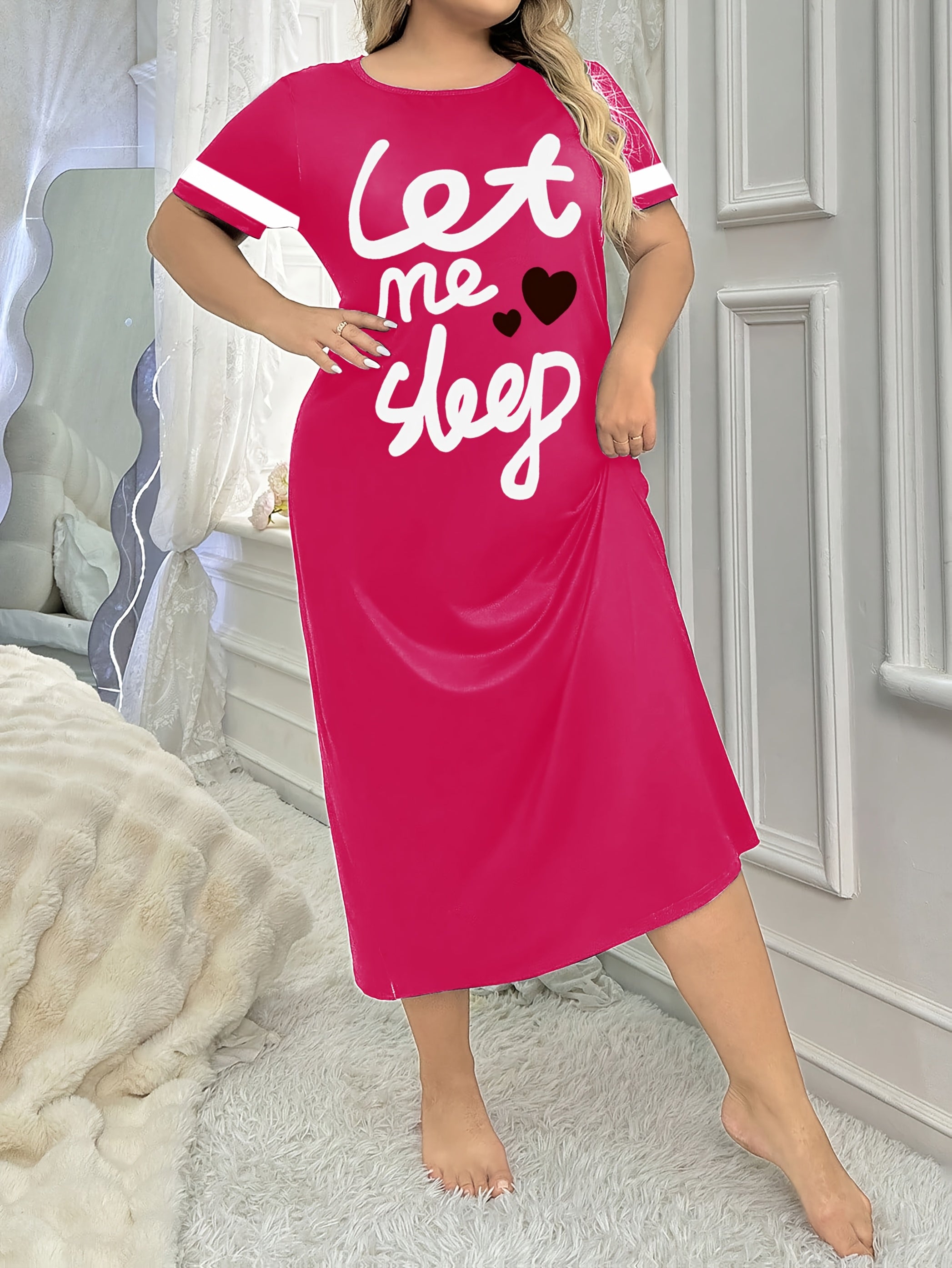 Women's Letter Print Polyester Night Dress Crew Neck Casual Sleepwear