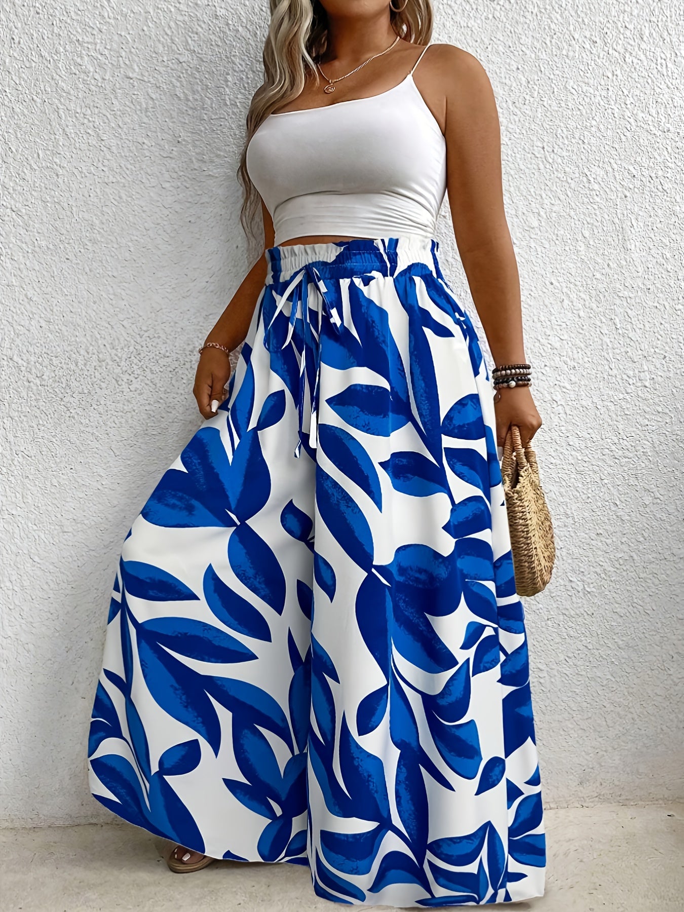 Women's Plus Size Tropical Floral Wide Leg Pants High Waist Casual Opaque