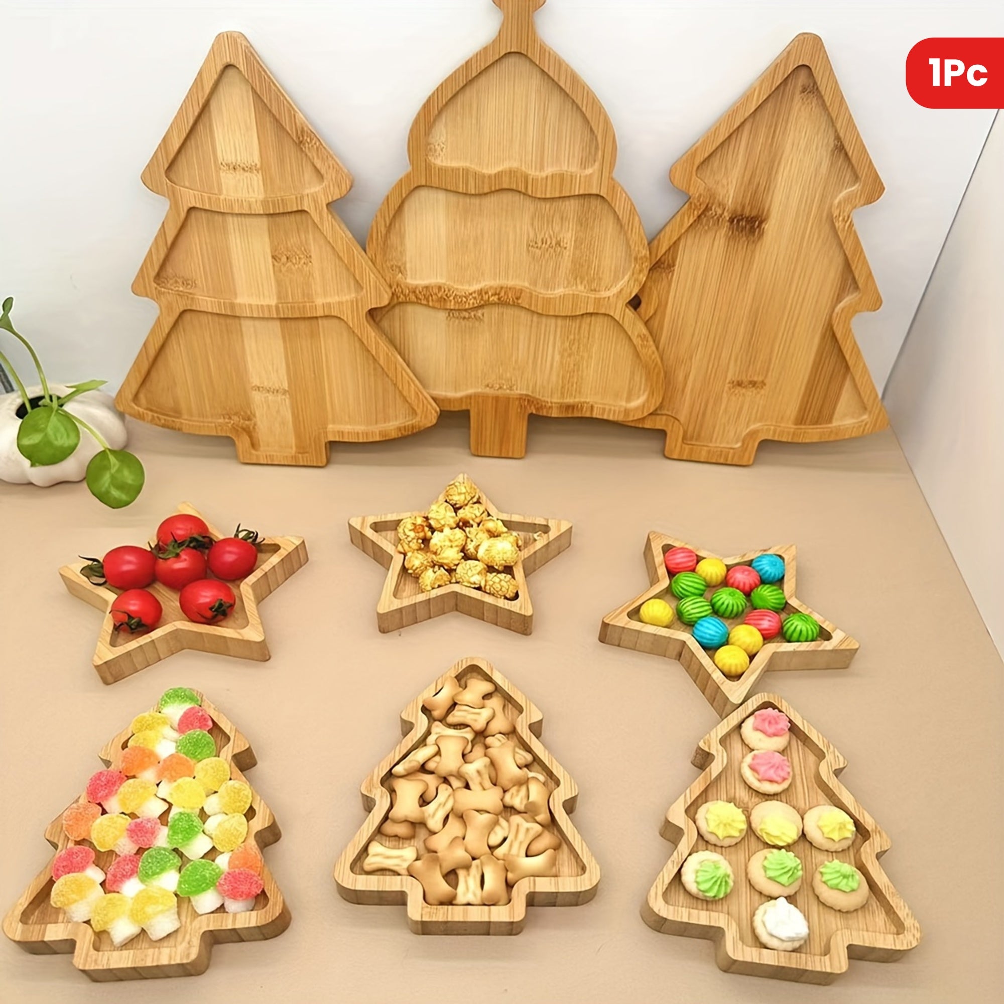 Wooden Christmas Tree Serving Tray with Grooved Handle for Food and Drinks