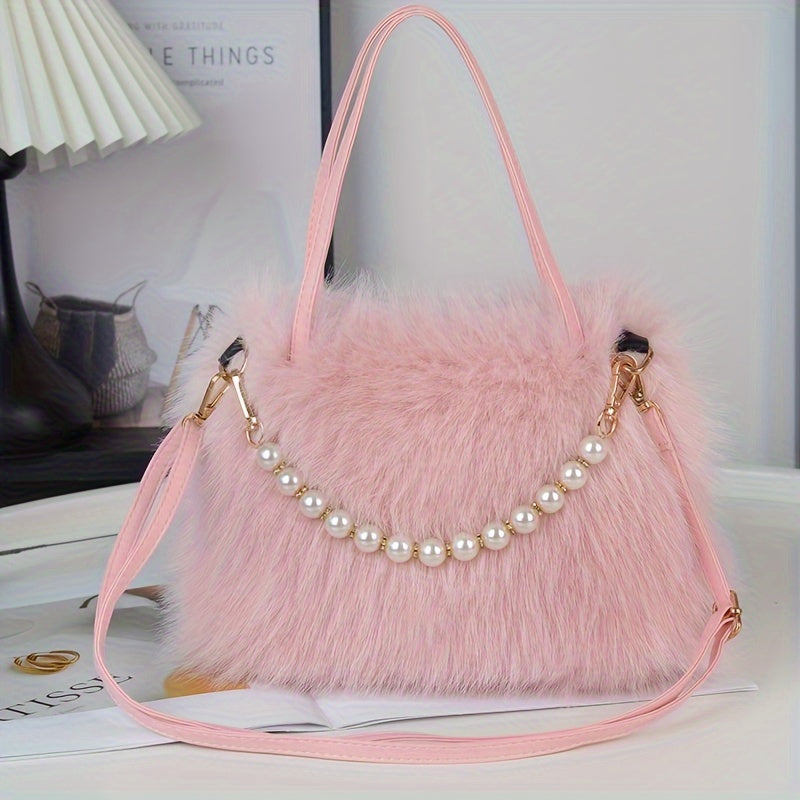 Faux Fur Crossbody Bag for Women with Pearl Accents in Pink Black White Khaki Coffee