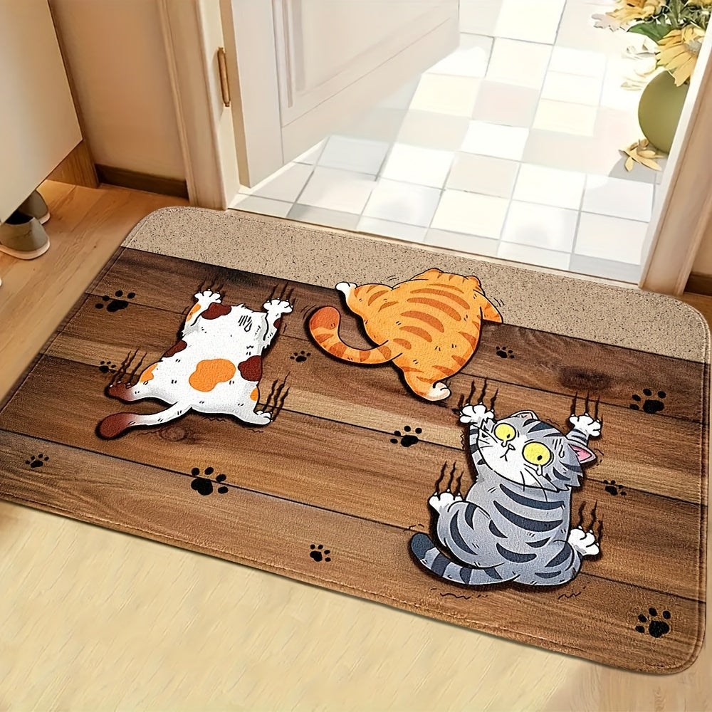 Cartoon Kitten Escape Door Mat Non-Slip Stain-Resistant Polyester Indoor Outdoor