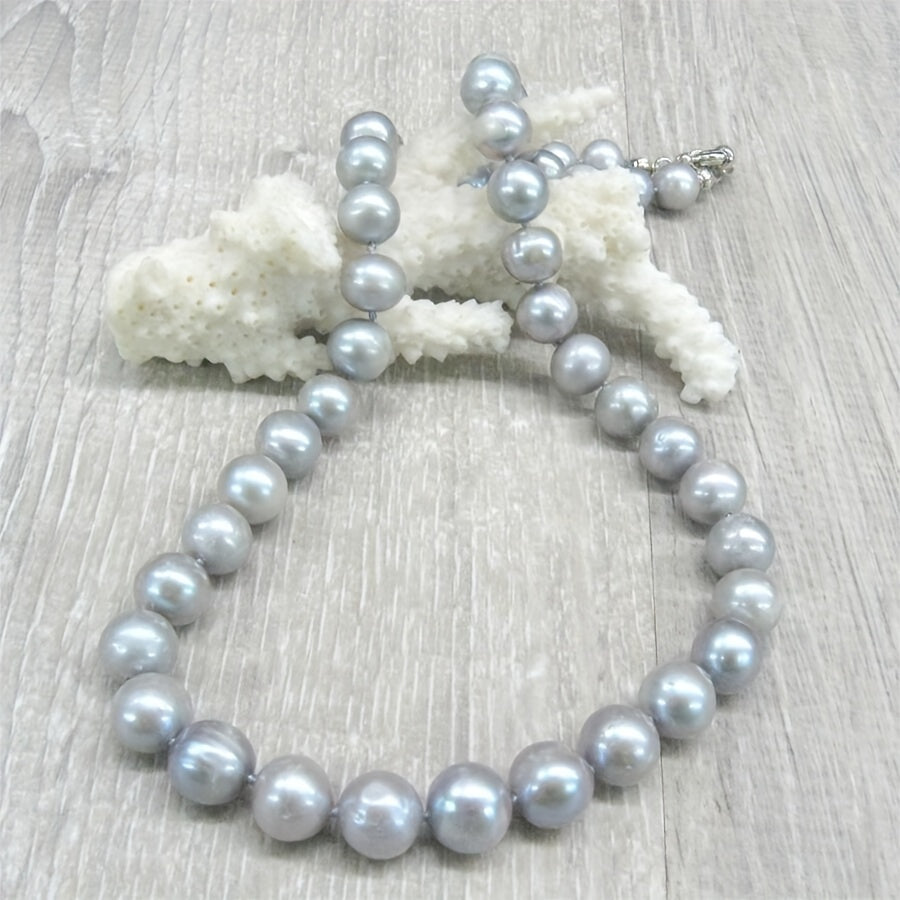 Unisex Freshwater Pearl Necklace 10-12mm Gray Handmade Vintage Jewelry
