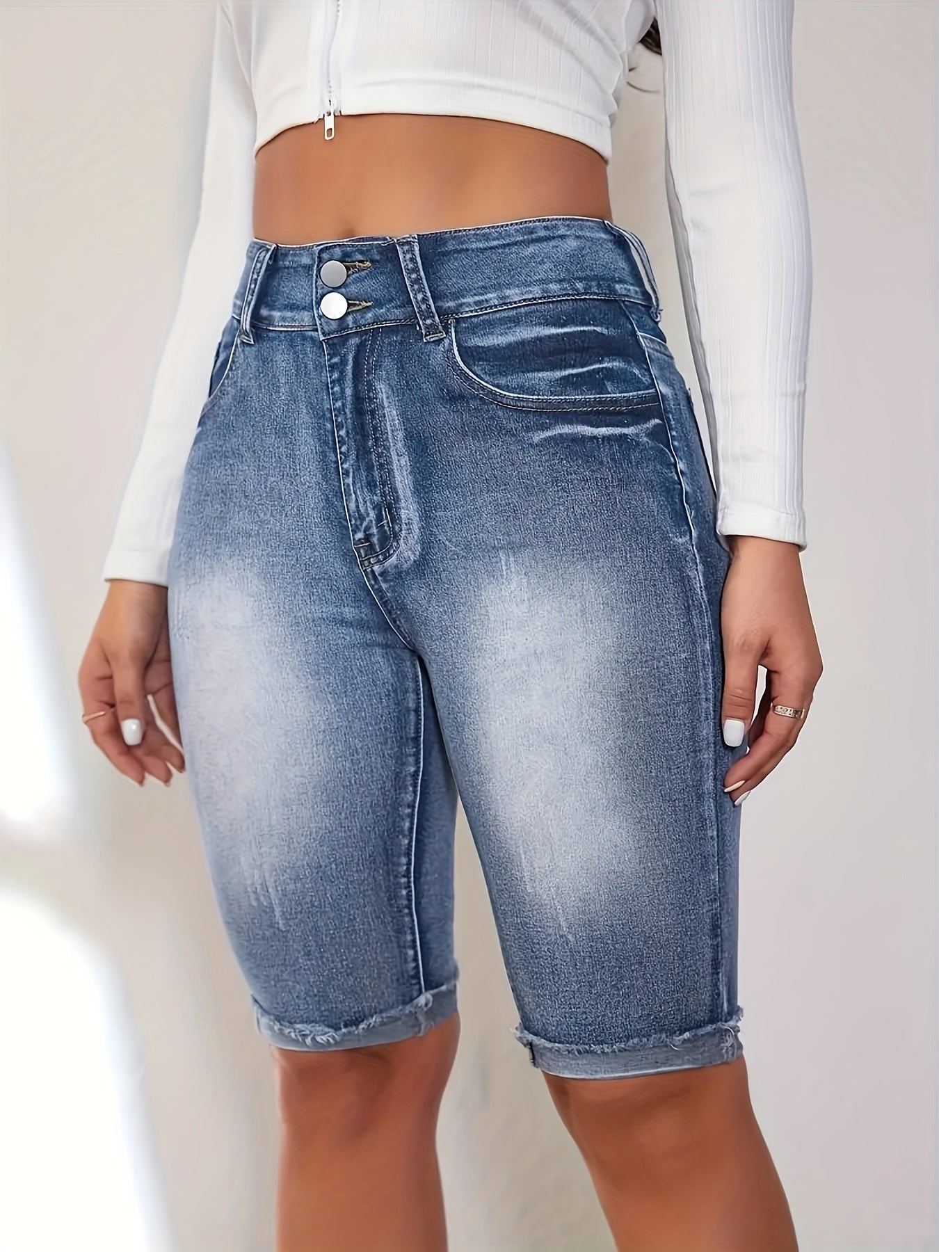 Plus Size Women's Washed Blue Stretch Bermuda Denim Shorts