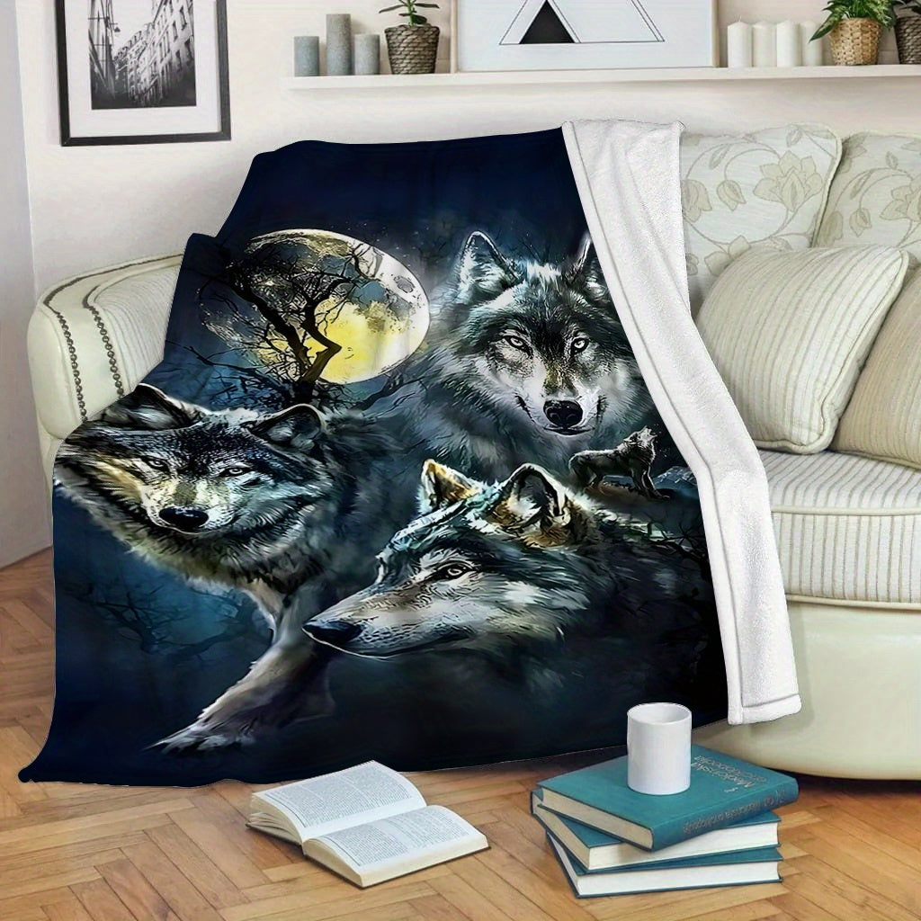 Contemporary Wolves in Moonlight Flannel Fleece Throw Blanket for Sofa Bed Camping