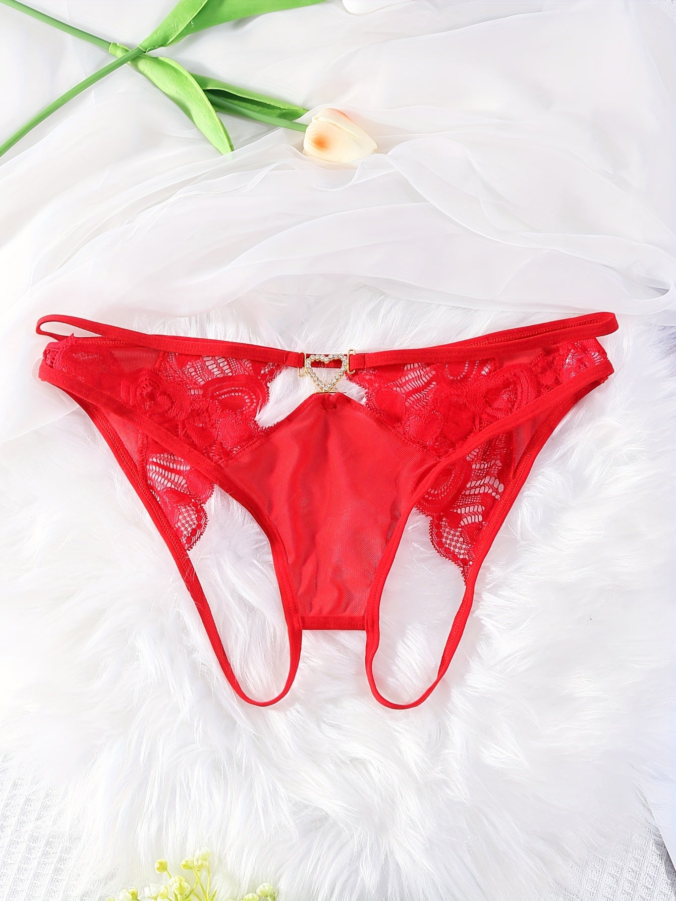 Women's Red Lace Panties with Heart-Shaped Clasp Knitted Fabric Underwear