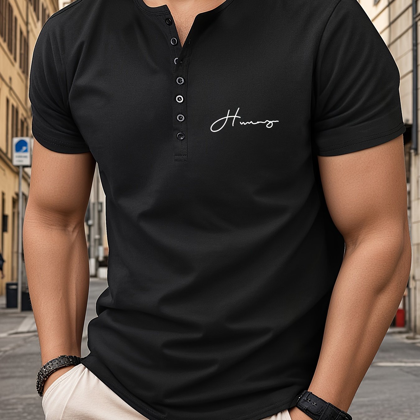 Camiseta Henley de cuello en V atlética para hombre, manga corta, con letras, verano, fitness, casual