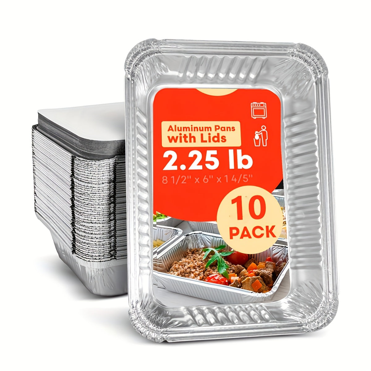 Pack of 10 Aluminum Food Storage Containers with Lids Medium Sized for Meal Prep