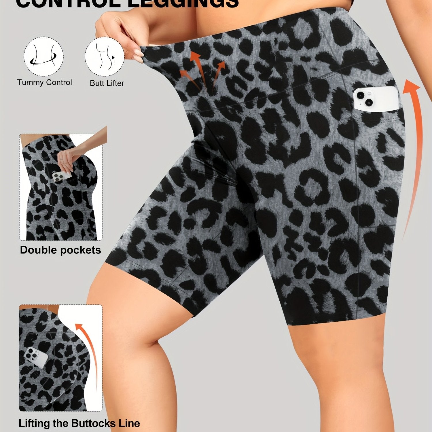 Women's High-Waist Tummy Control Yoga Shorts Black White Leopard Print Sports Workout