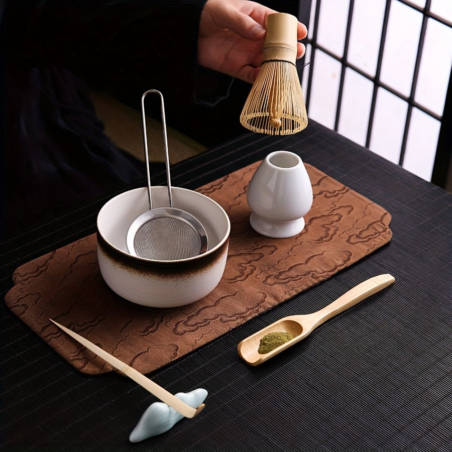 Set de ceremonia del té Matcha japonés con batidor de bambú, cuenco, cuchara, colador y soporte