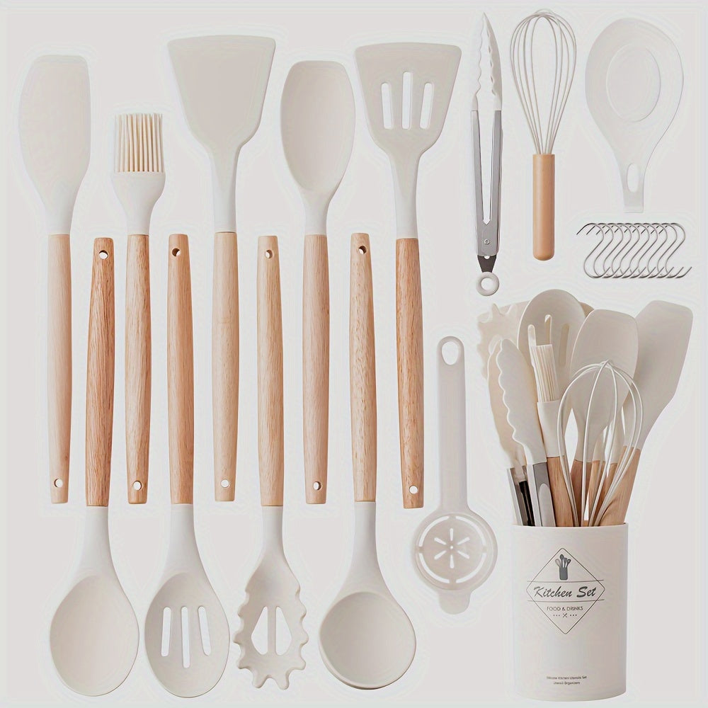 Silicone Kitchen Utensil Set 24 Pieces with Wooden Handles for Cooking Baking