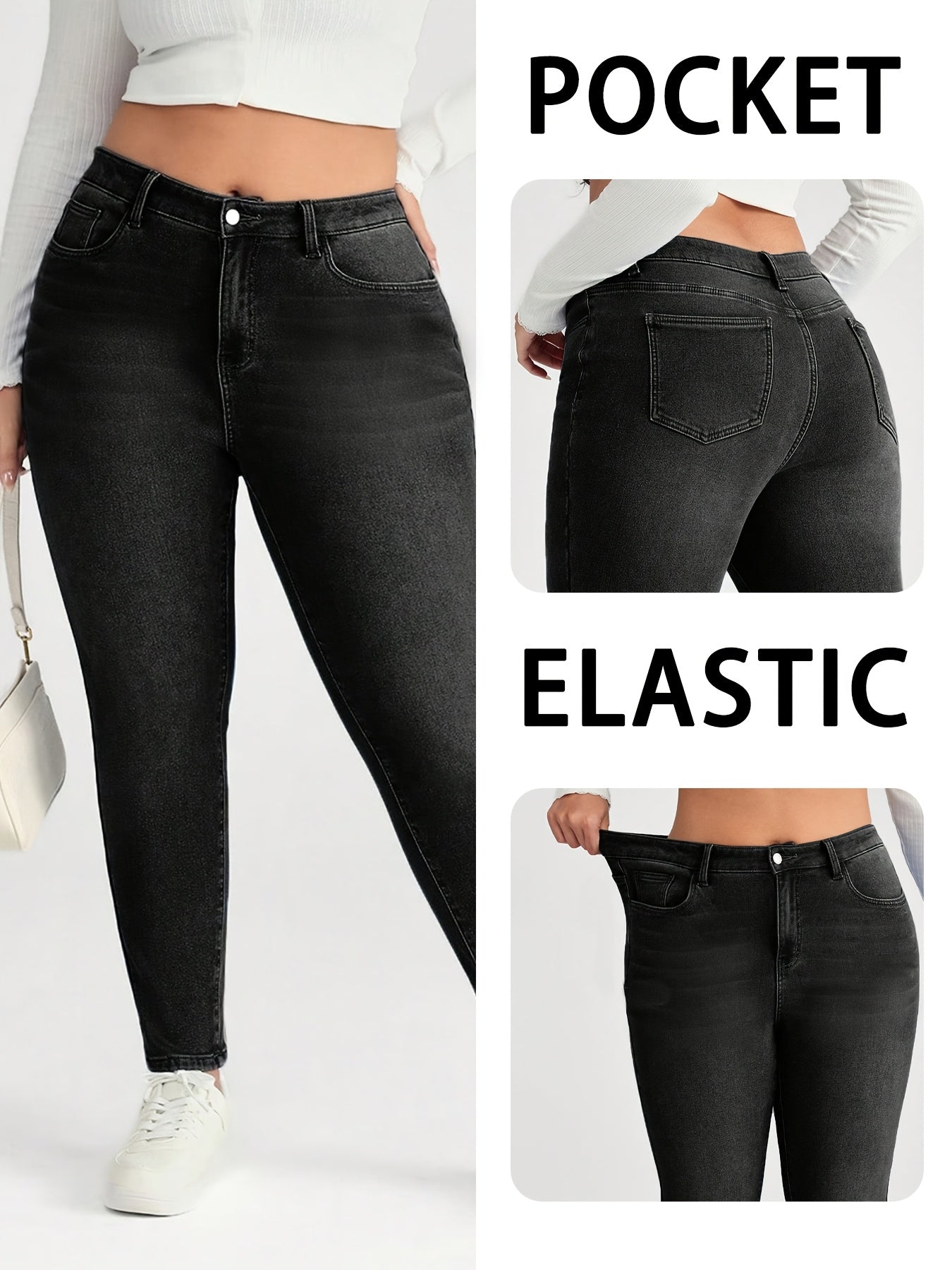 Ayollar uchun yuqori belli elastik skinny jinsilar, qora, kundalik denim