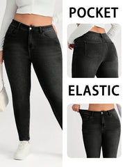 Ayollar uchun yuqori belli elastik skinny jinsilar, qora, kundalik denim