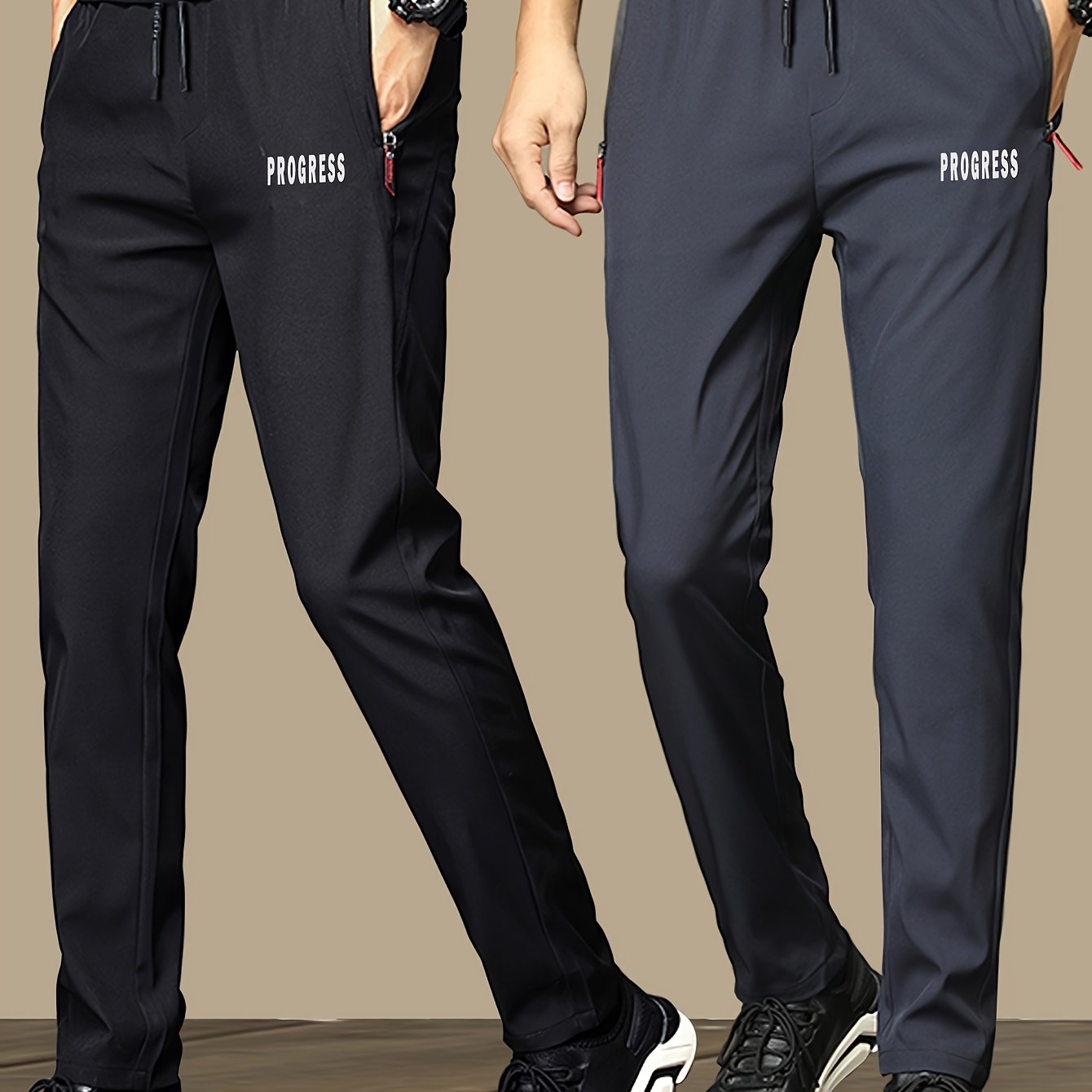 Men's Polyester Casual Joggers with Zipper Pockets Drawstring Waist in Black and Gray