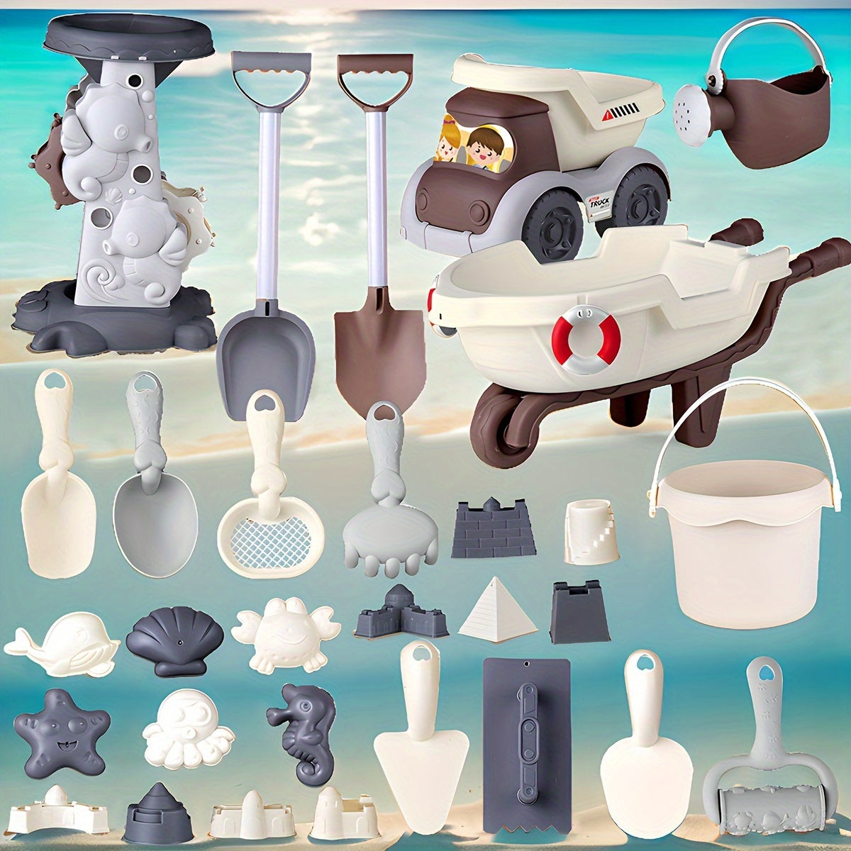 Детский набор пляжных игрушек с лопаткой, ведром, машинкой и башней в сером цвете для детей от 3 лет