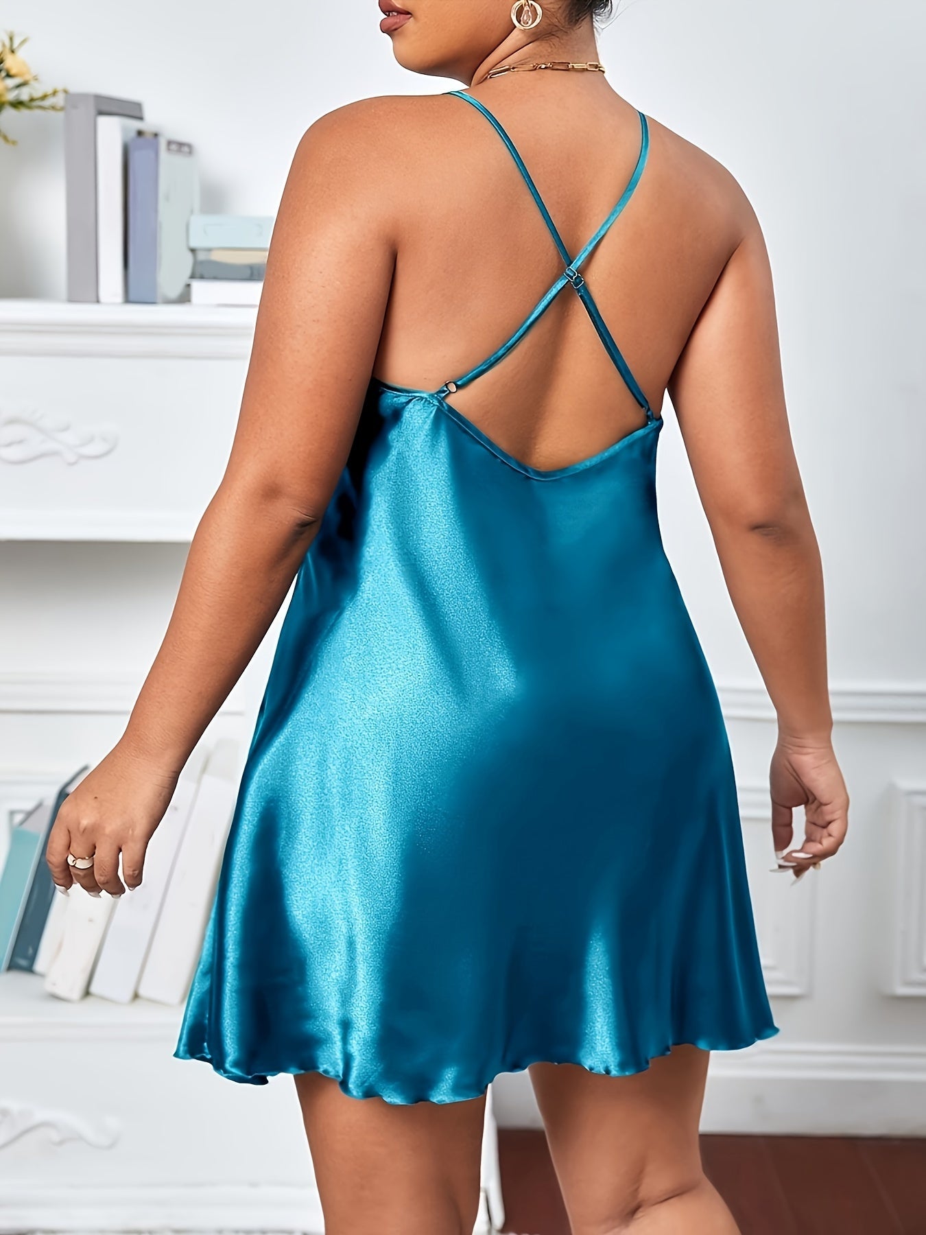 Women's Plus Size Satin Sleep Dress V Neck Crisscross Nightie